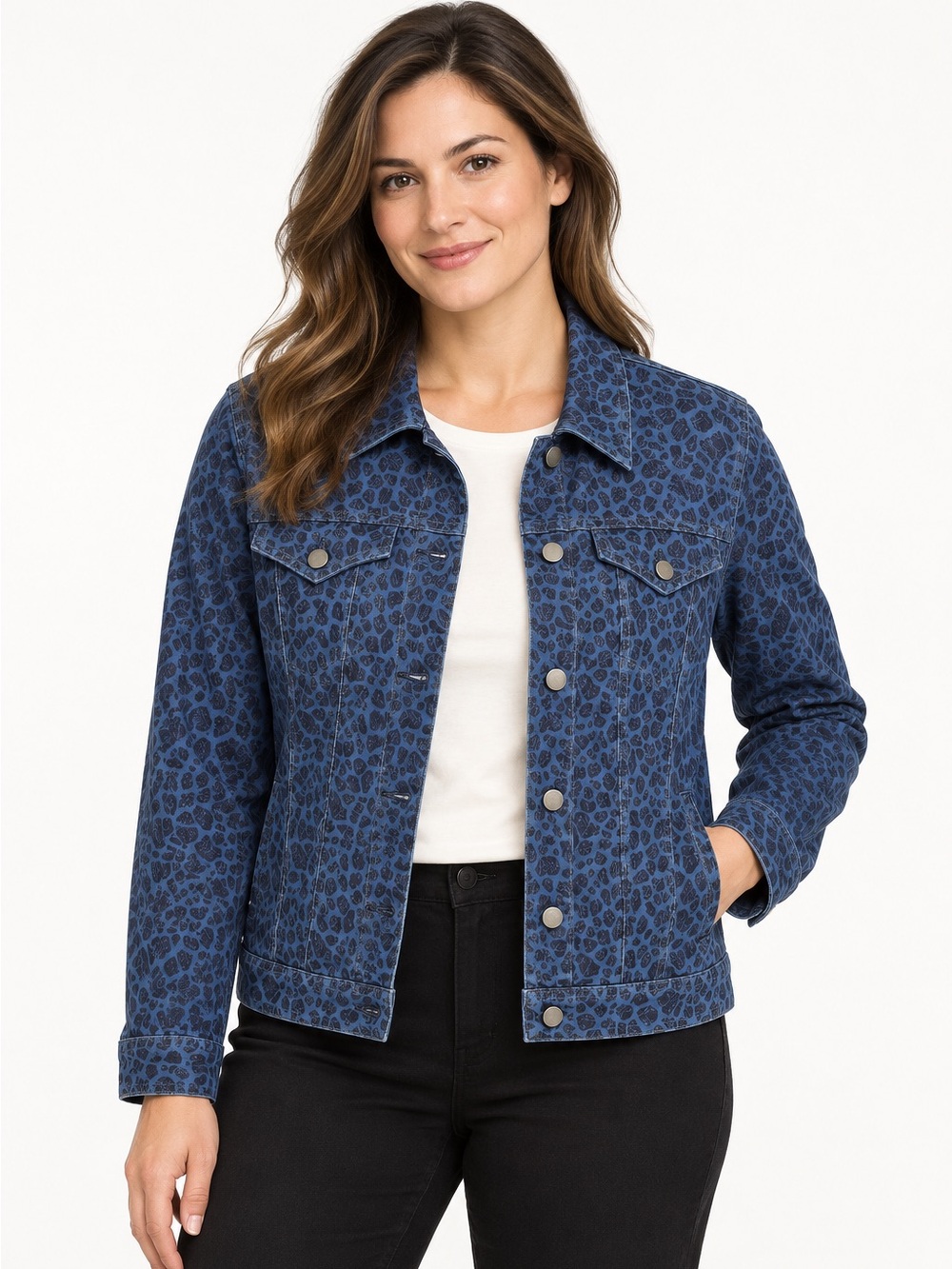 Style & Co Blue Leopard Print Denim Jacket Women’s Medium Stretch